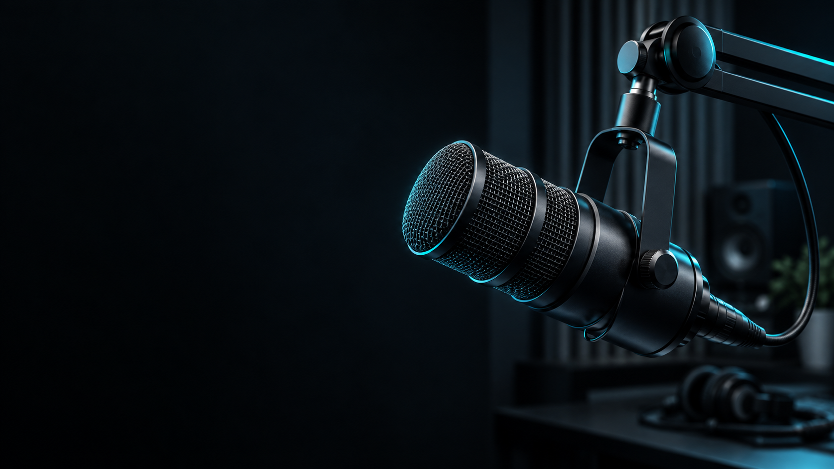 Micrófono de estudio de podcast iluminado en cian